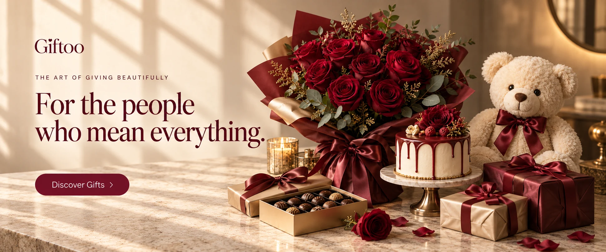 Giftoo — The art of giving beautifully For the people who mean everything. Discover gifts. Burgundy roses, cake, teddy bear and champagne gift boxes