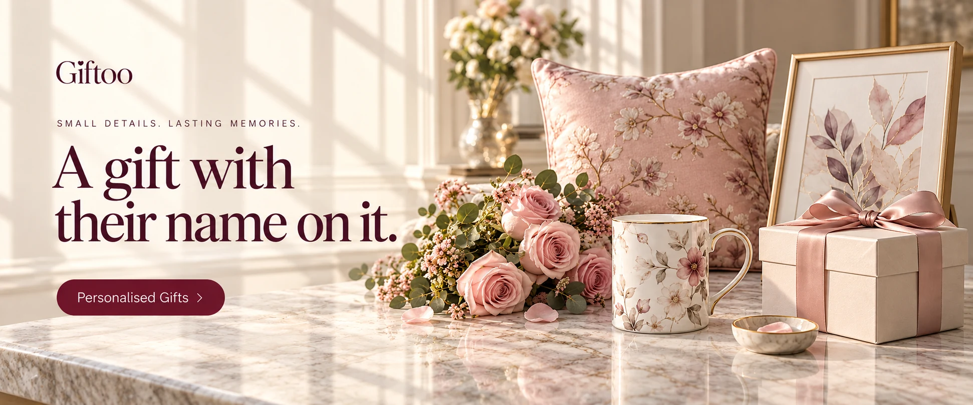 Giftoo — Small details. Lasting memories. A gift with their name on it. Personalised gifts. Floral mug, cushion, keepsake frame and roses