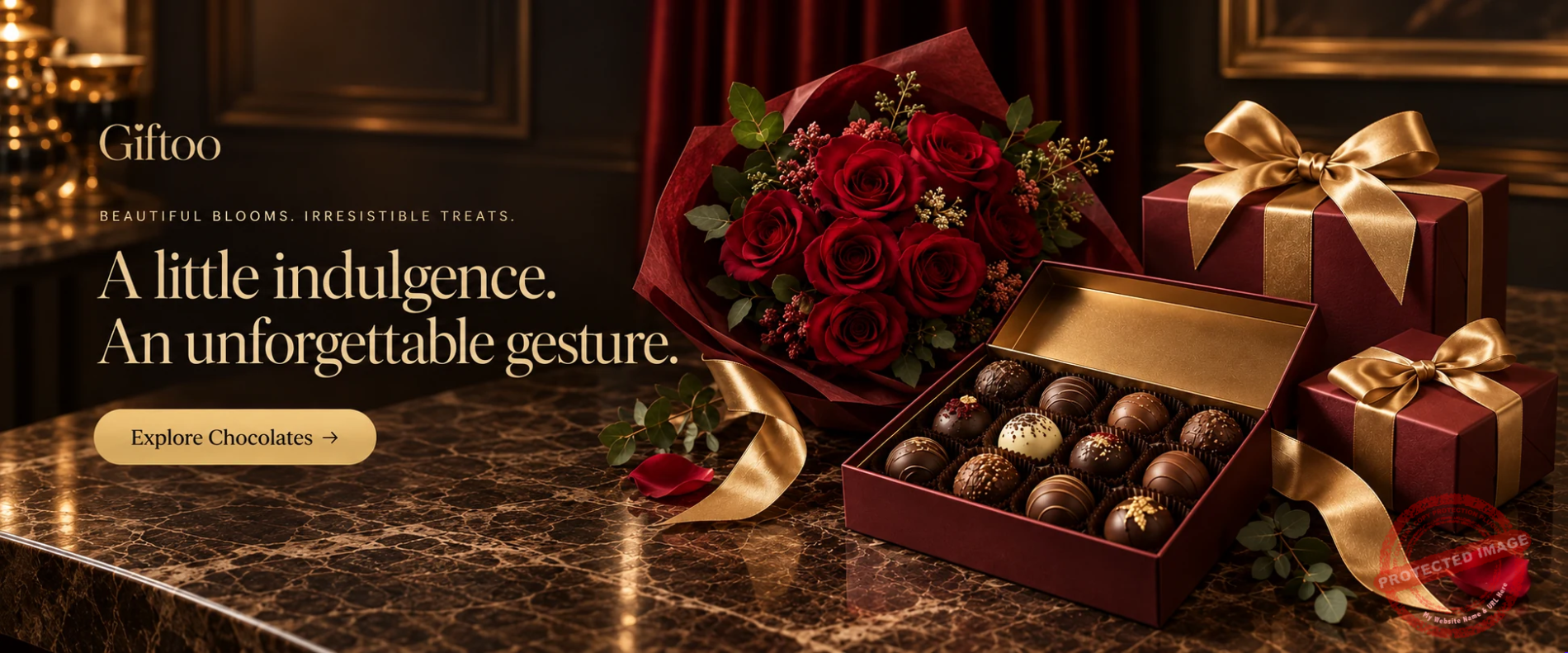 Giftoo — Beautiful blooms. Irresistible treats. A little indulgence. An unforgettable gesture. Explore chocolates. Luxury chocolates, burgundy roses and gold ribbon gifts