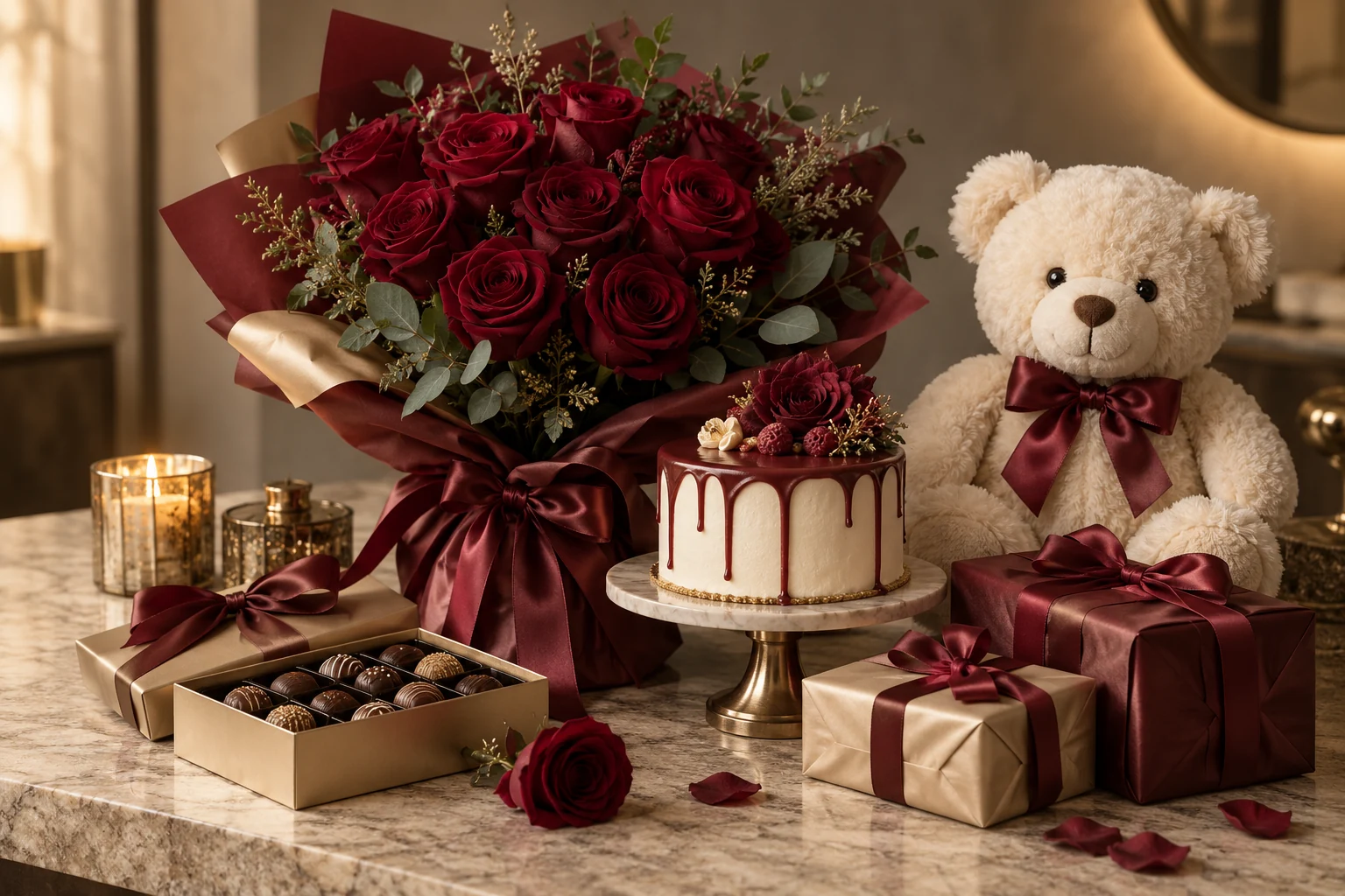Burgundy roses, cake, teddy bear and champagne gift boxes