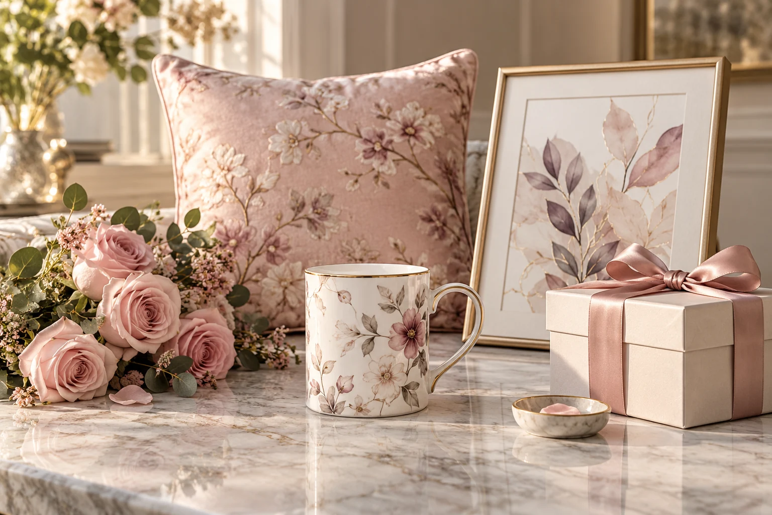 Floral mug, cushion, keepsake frame and roses