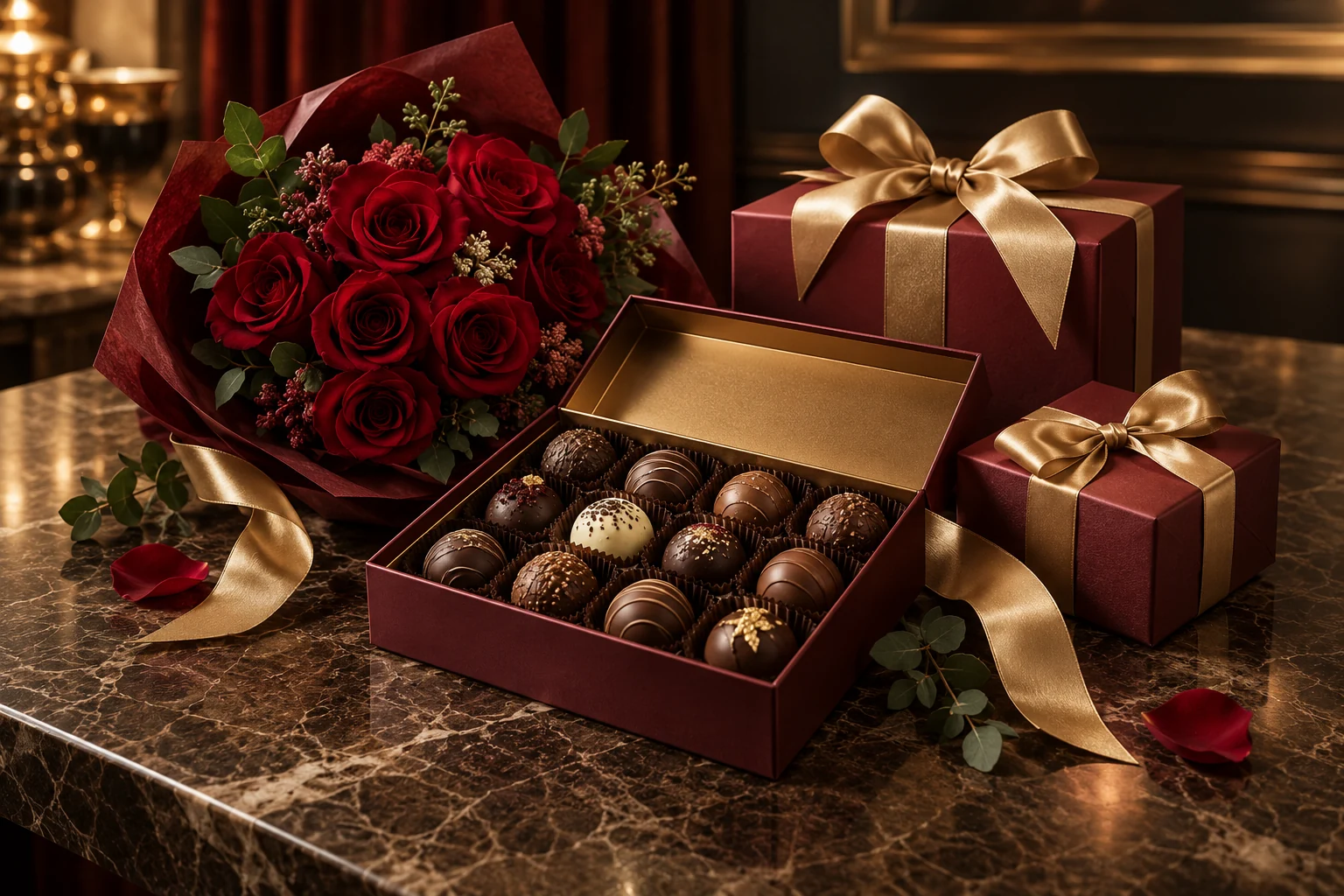 Luxury chocolates, burgundy roses and gold ribbon gifts