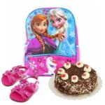 School Bag with Black Forest Cake & Sandals gift by Kids Combos