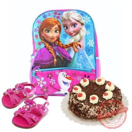 School Bag with Black Forest Cake & Sandals gift by Kids Combos