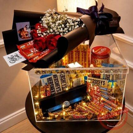 Acrylic Chocolate Box with Bouquet gift delivery in Pakistan