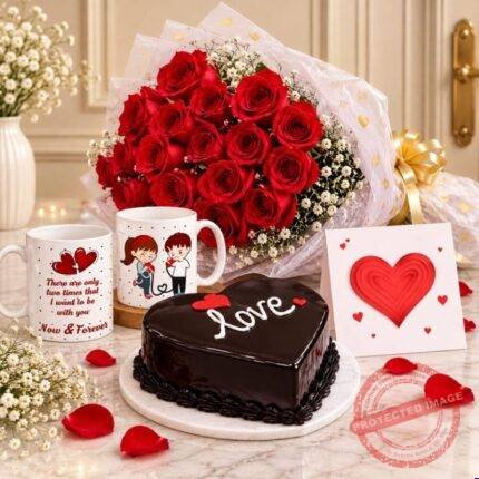 Heart Cake with Mug and Flowers gift delivery in Pakistan
